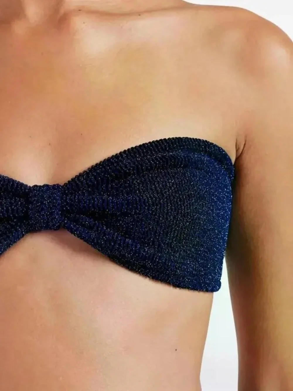 Hunza G Bikini Set Navy Blue Silver Lurex Jean Ruby Crinkle Strapless Bandeau